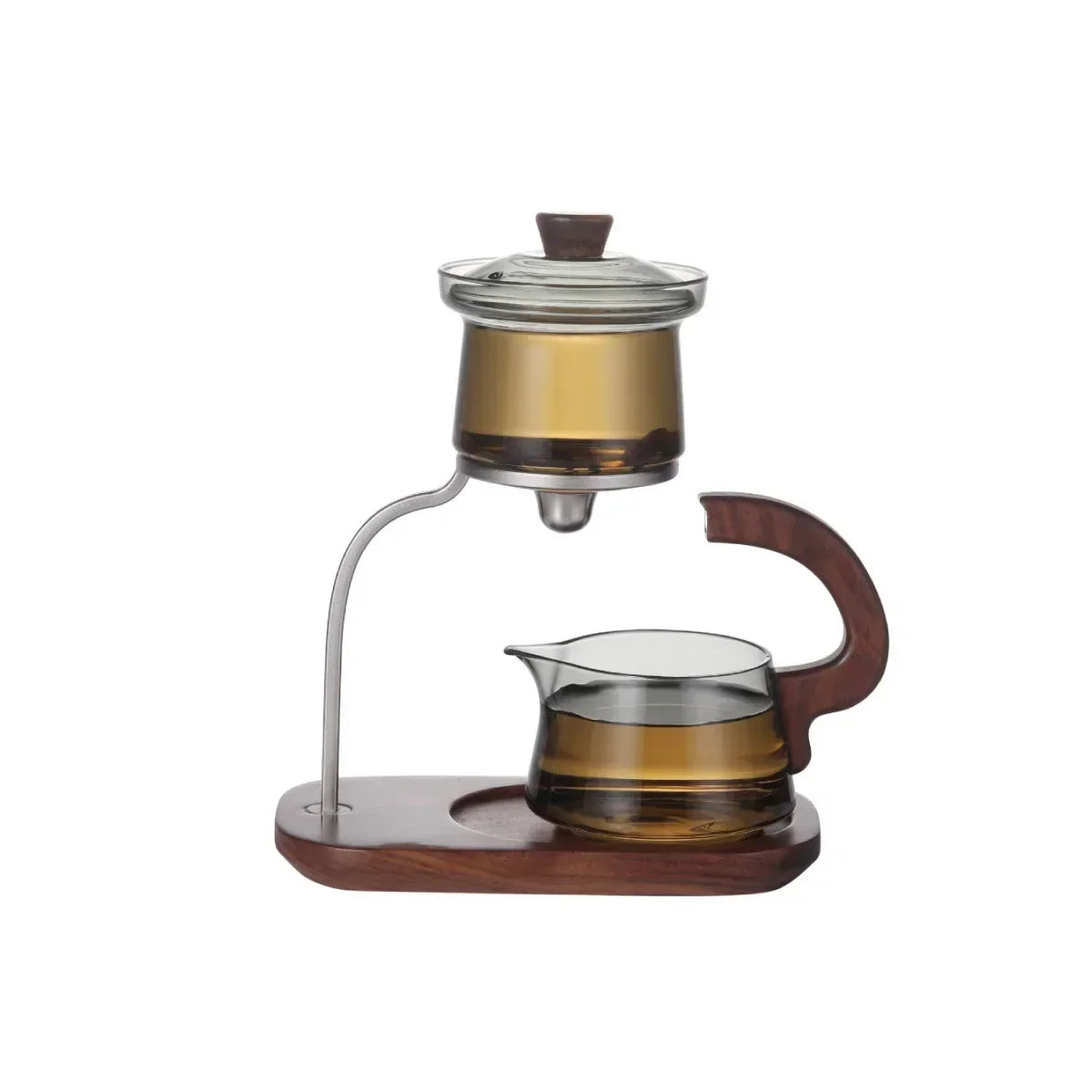 Glass Tea Set One-Key Pour Control Borosilicate Walnut Wood