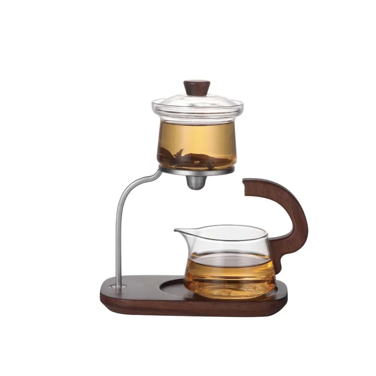 Glass Tea Set One-Key Pour Control Borosilicate Walnut Wood