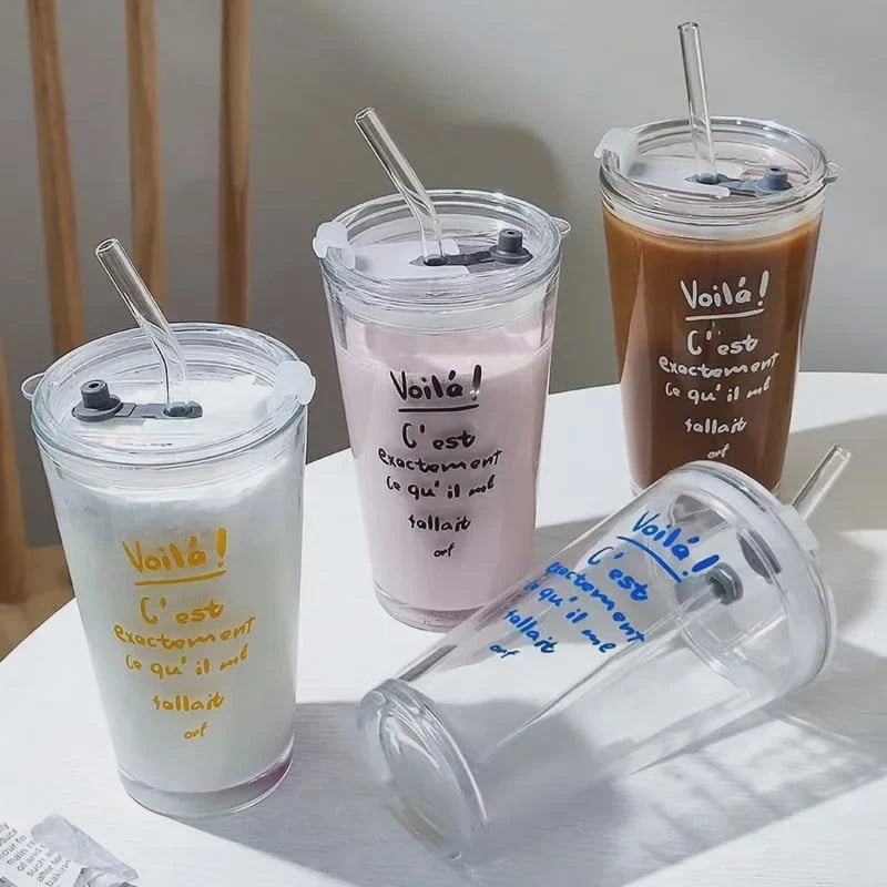 Glass Tumbler Borosilicate With Lid & Glass Straw 16.9 Oz