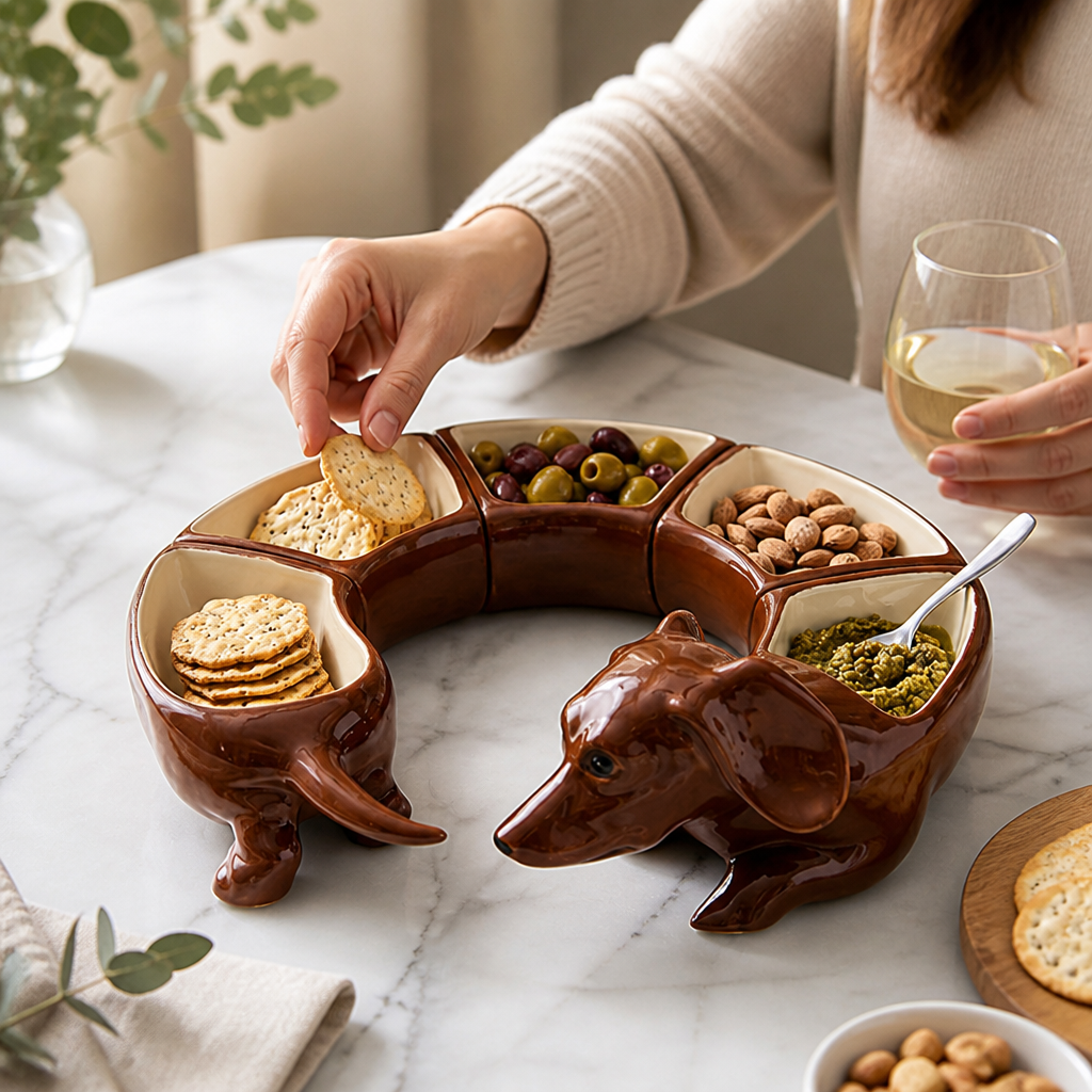 Glazed Ceramic Dachshund Snack Bowl Set (5-Piece)
