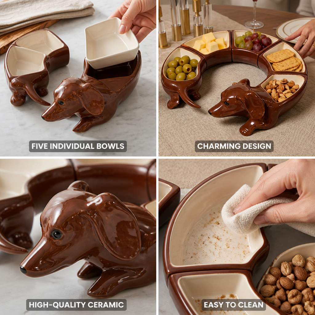 Glazed Ceramic Dachshund Snack Bowl Set (5-Piece)