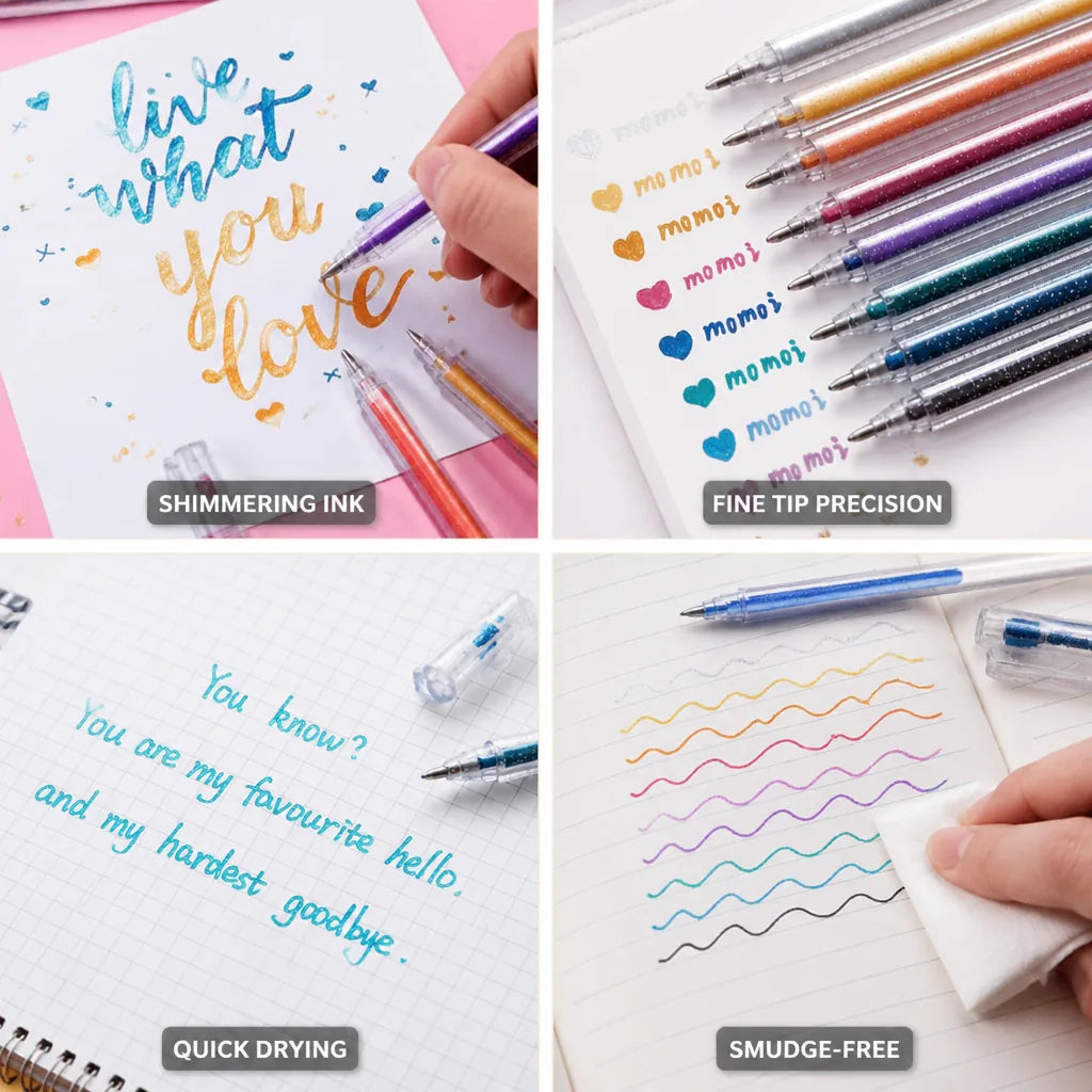 Glitter Gel Pens Shimmering Ink Fine Tip Smudge-Free