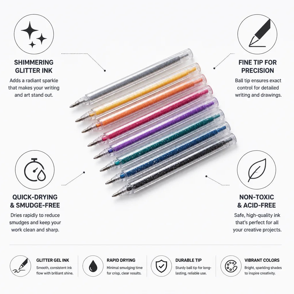 Glitter Gel Pens Shimmering Ink Fine Tip Smudge-Free
