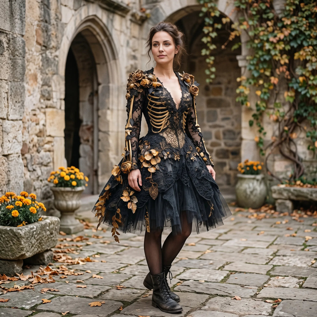 Gothic Costume Dress Skeleton & Floral Design Layered Skirt