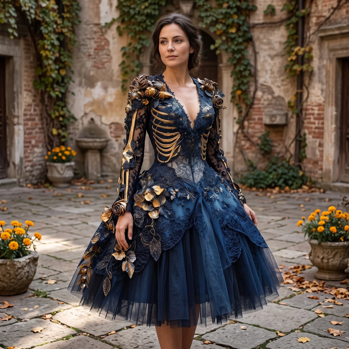Gothic Costume Dress Skeleton & Floral Design Layered Skirt