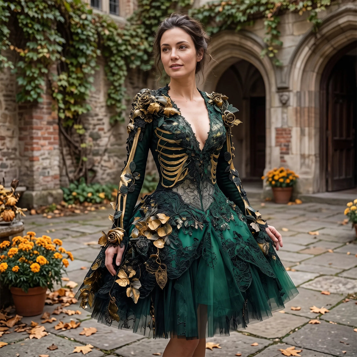 Gothic Costume Dress Skeleton & Floral Design Layered Skirt