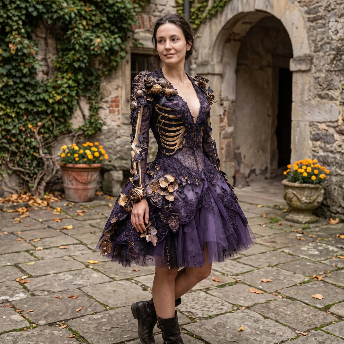 Gothic Costume Dress Skeleton & Floral Design Layered Skirt