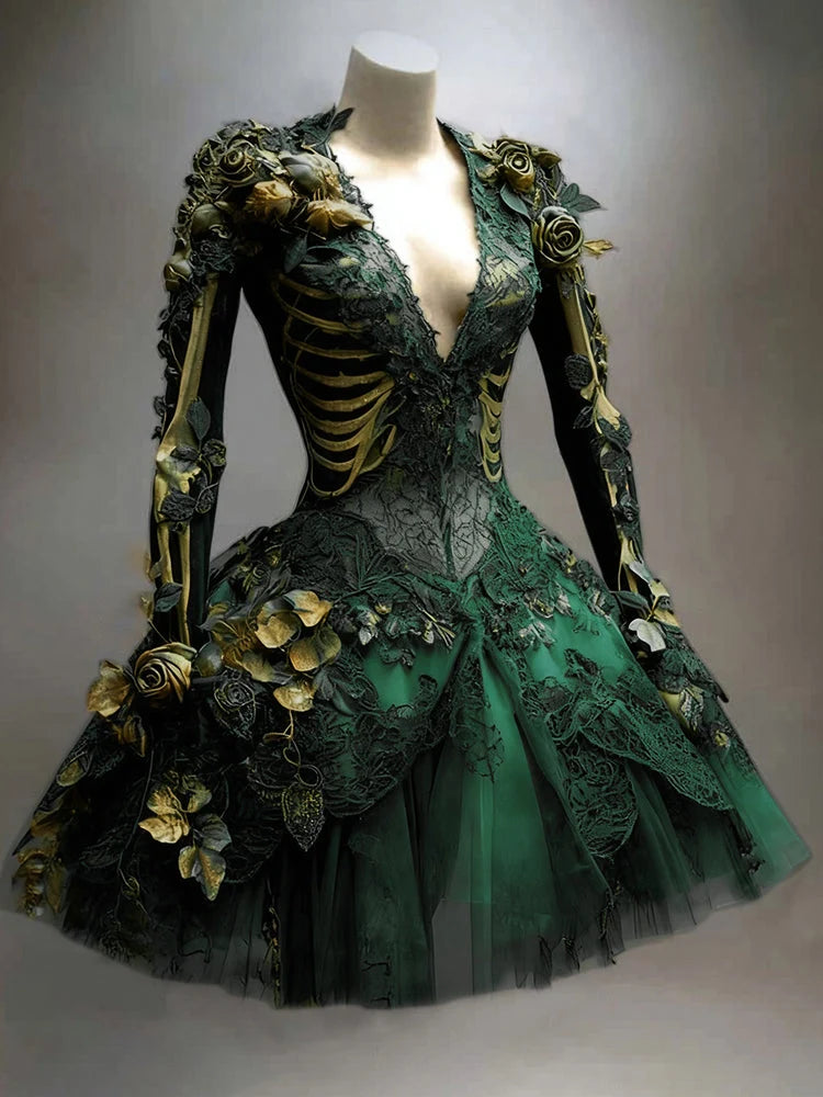 Gothic Costume Dress Skeleton & Floral Design Layered Skirt