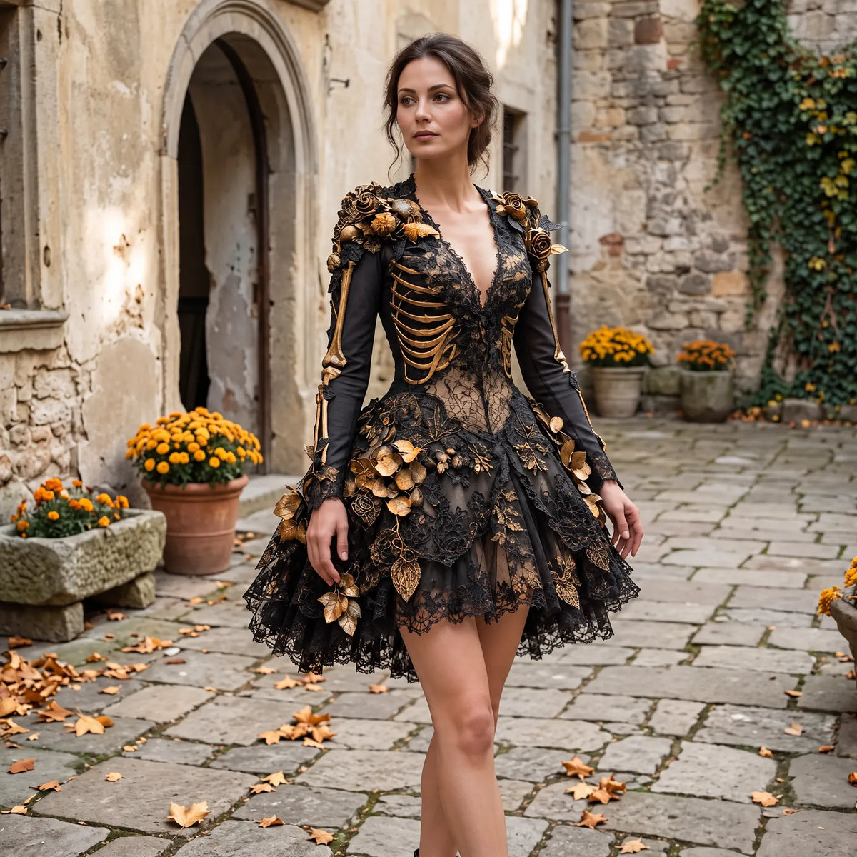 Gothic Costume Dress Skeleton & Floral Design Layered Skirt