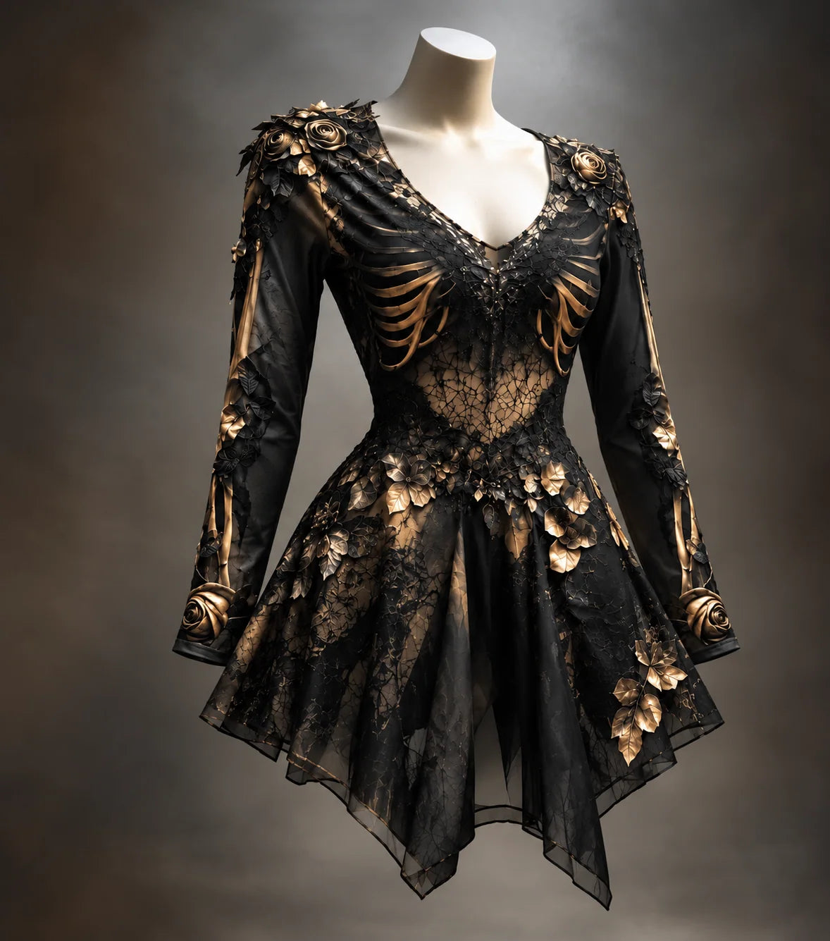 Gothic Mini Dress V-Neck Bone Appliqués Tiered Skirt
