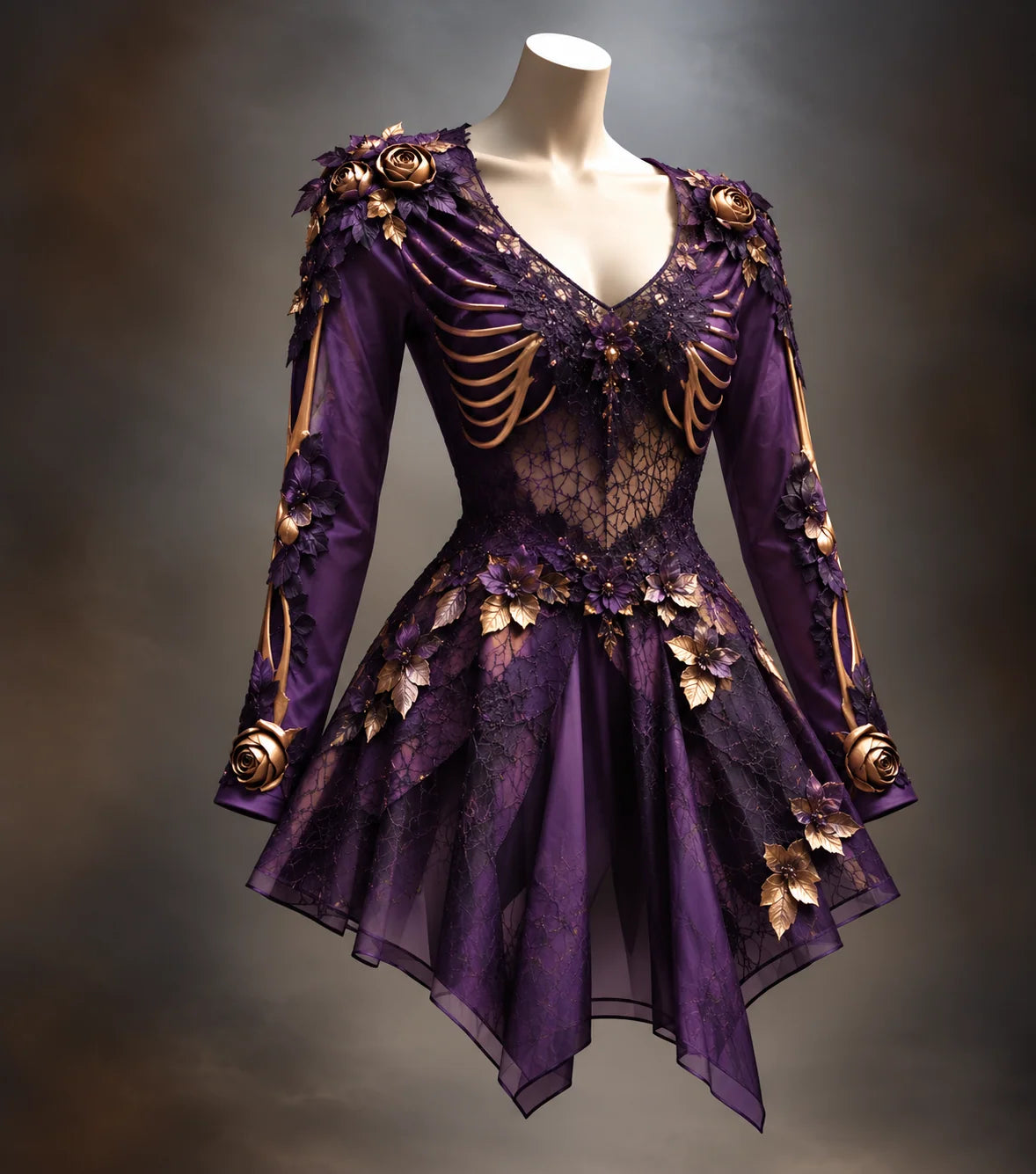 Gothic Mini Dress V-Neck Bone Appliqués Tiered Skirt