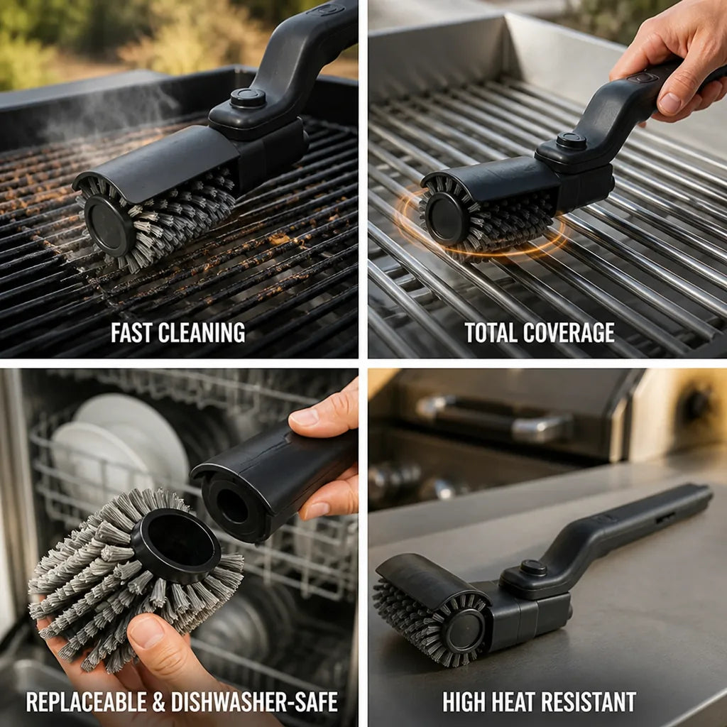 Grill Brush Motorized Rotating Head Replaceable & Dishwasher-Safe