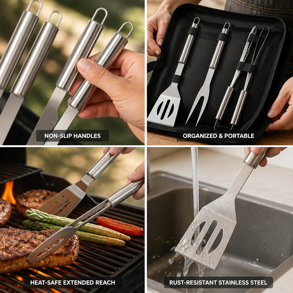 Grill Utensil Set Stainless Steel Non-Slip Handles Carrying Case