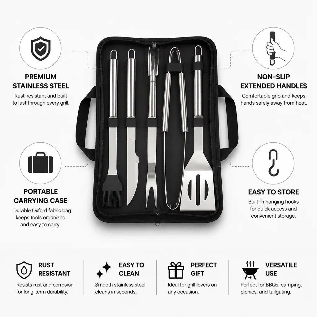 Grill Utensil Set Stainless Steel Non-Slip Handles Carrying Case