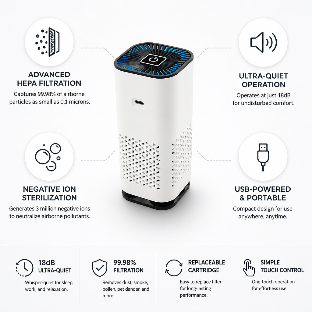 HEPA Filtration Ultra-Quiet Air Purifier (USB-Powered)