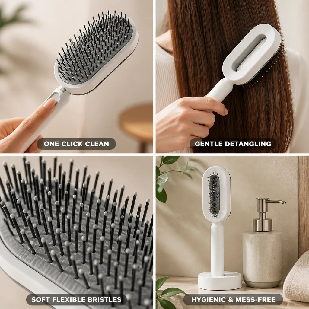 Hair Brush One Click Self Cleaning Soft Flexible Bristles