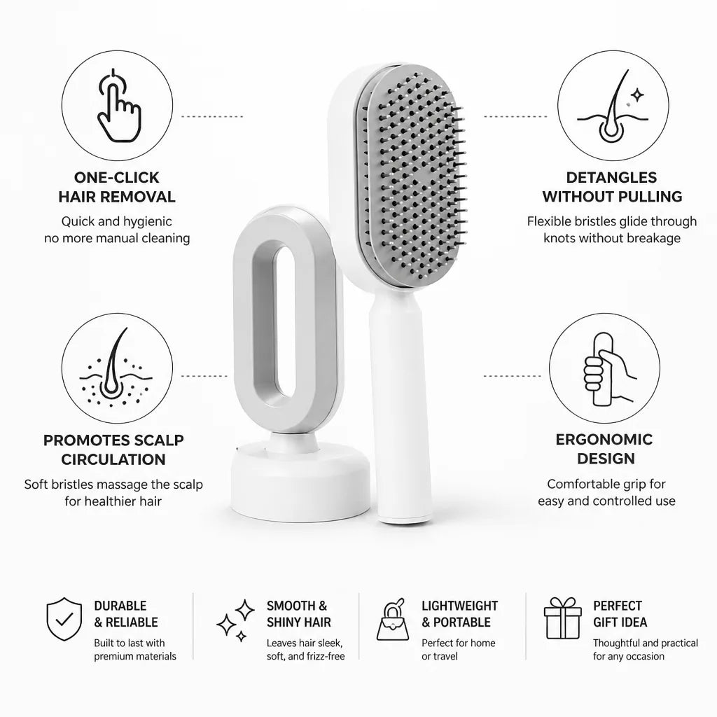 Hair Brush One Click Self Cleaning Soft Flexible Bristles