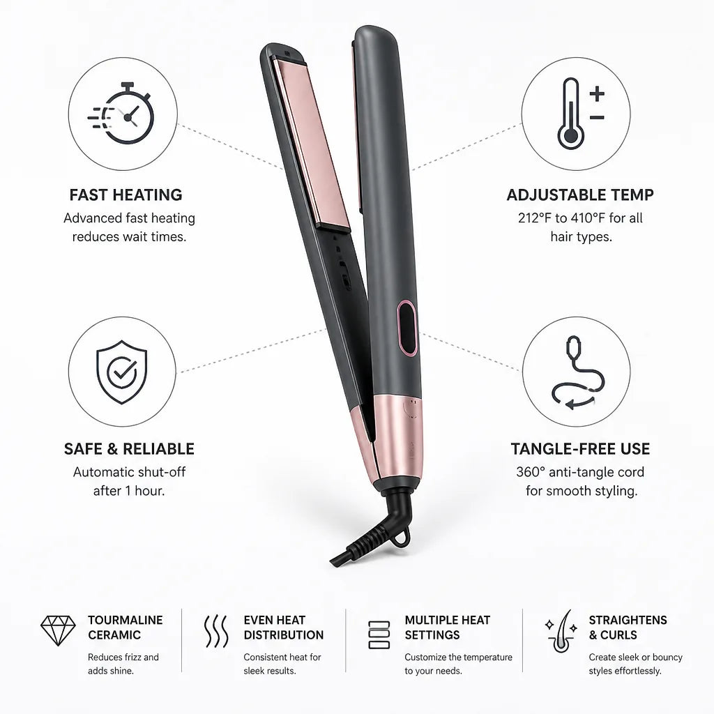 Hair Straightener & Curler Tourmaline Ceramic Adjustable Temp