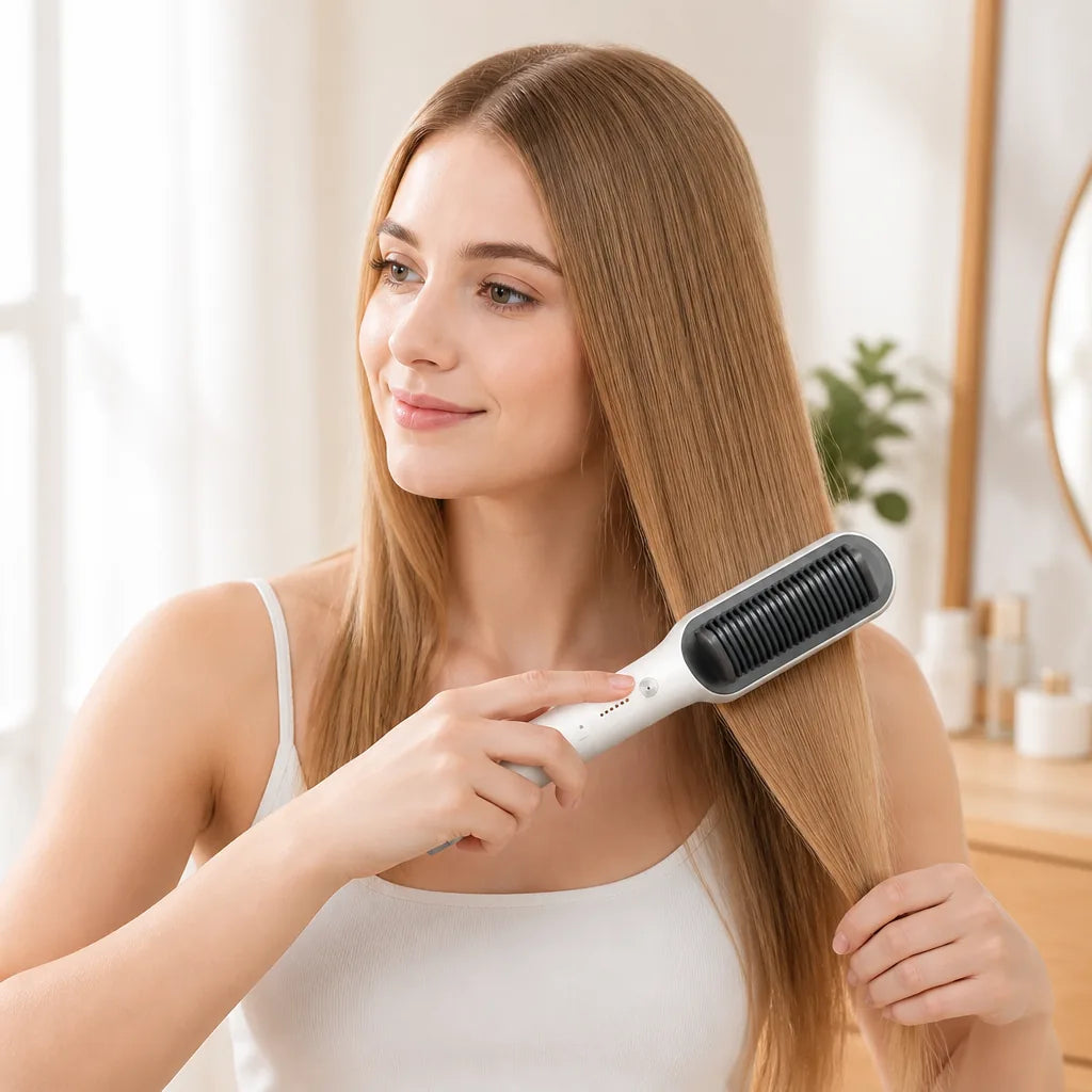 Hair Straightening Brush Built-In Comb Adjustable Heat