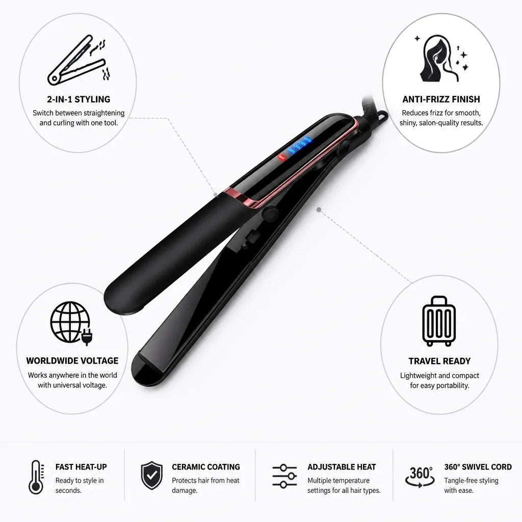 Hair Styler 2-In-1 Straighten & Curl Anti-Frizz Worldwide Voltage