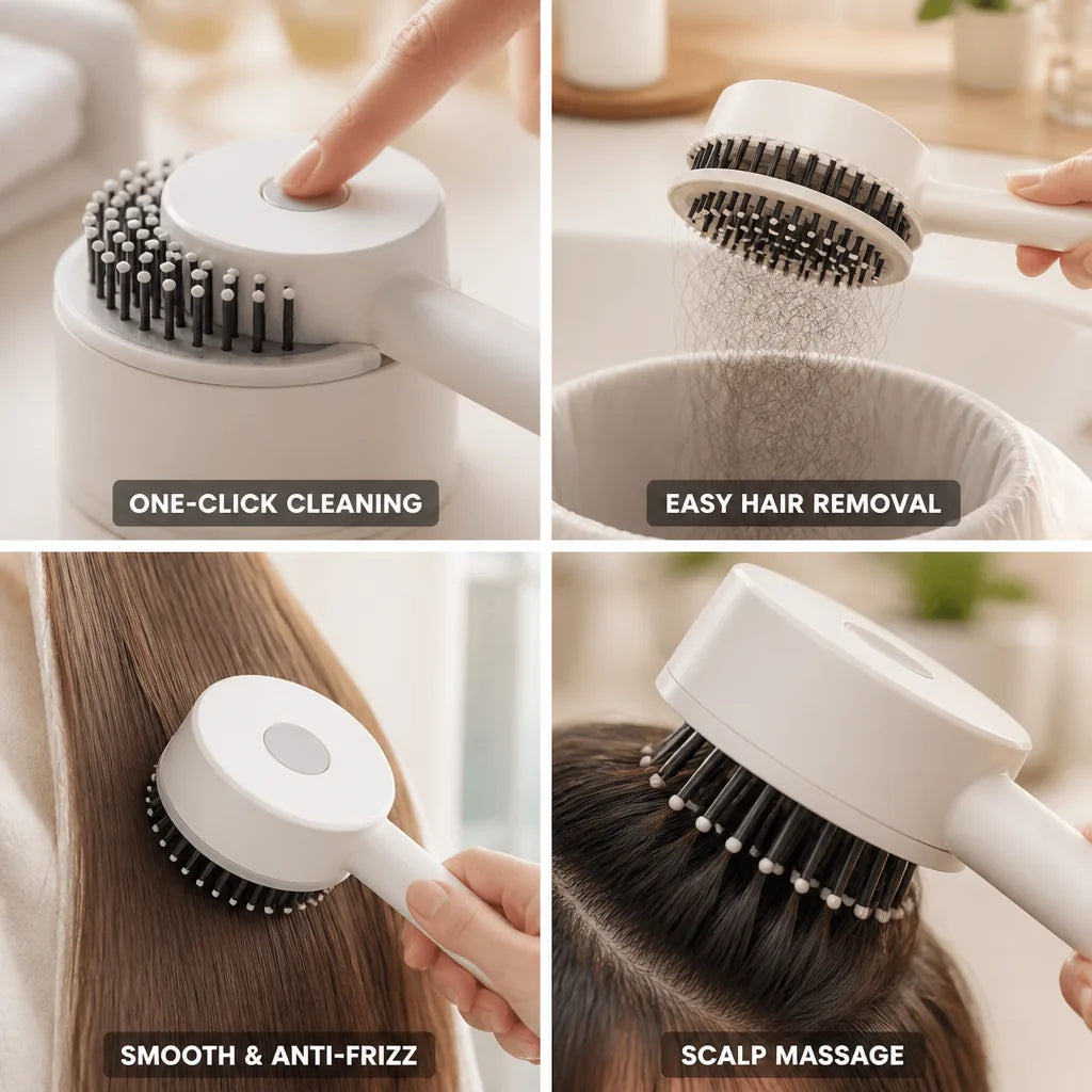Hairbrush One-Click Self-Cleaning Air-Cushion Scalp Massage Anti-Frizz Bristles