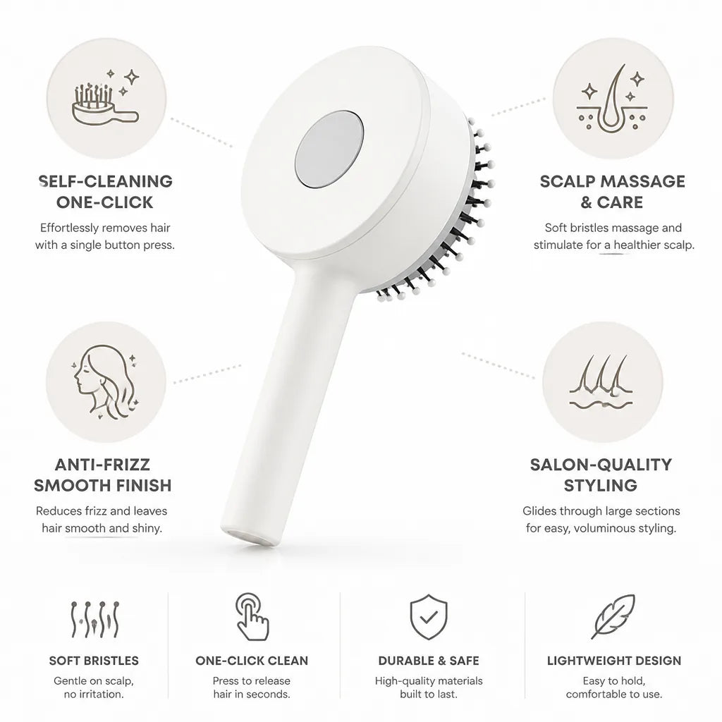 Hairbrush One-Click Self-Cleaning Air-Cushion Scalp Massage Anti-Frizz Bristles