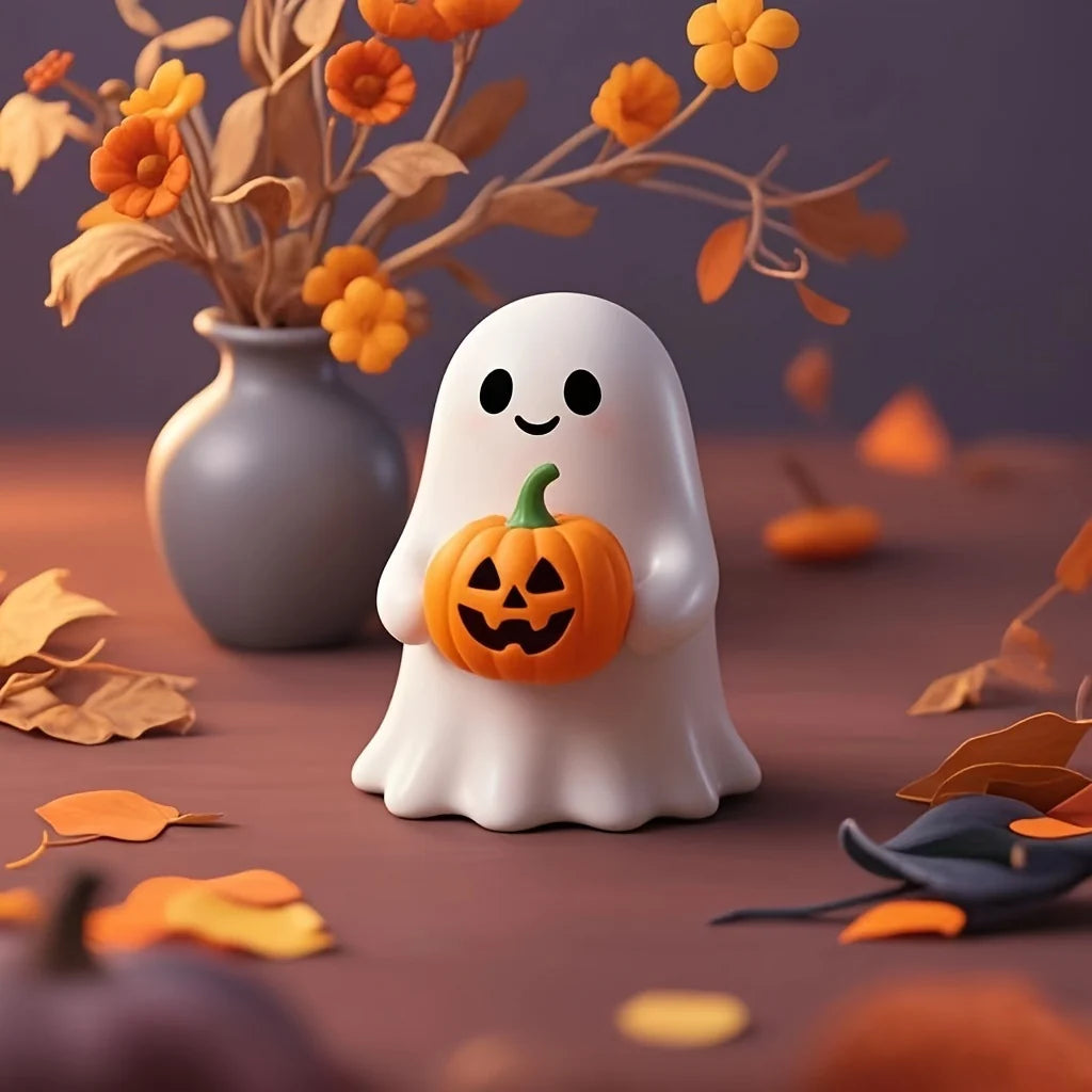 Halloween Figurine Ghost Holding Pumpkin Weather-Resistant Indoor & Outdoor