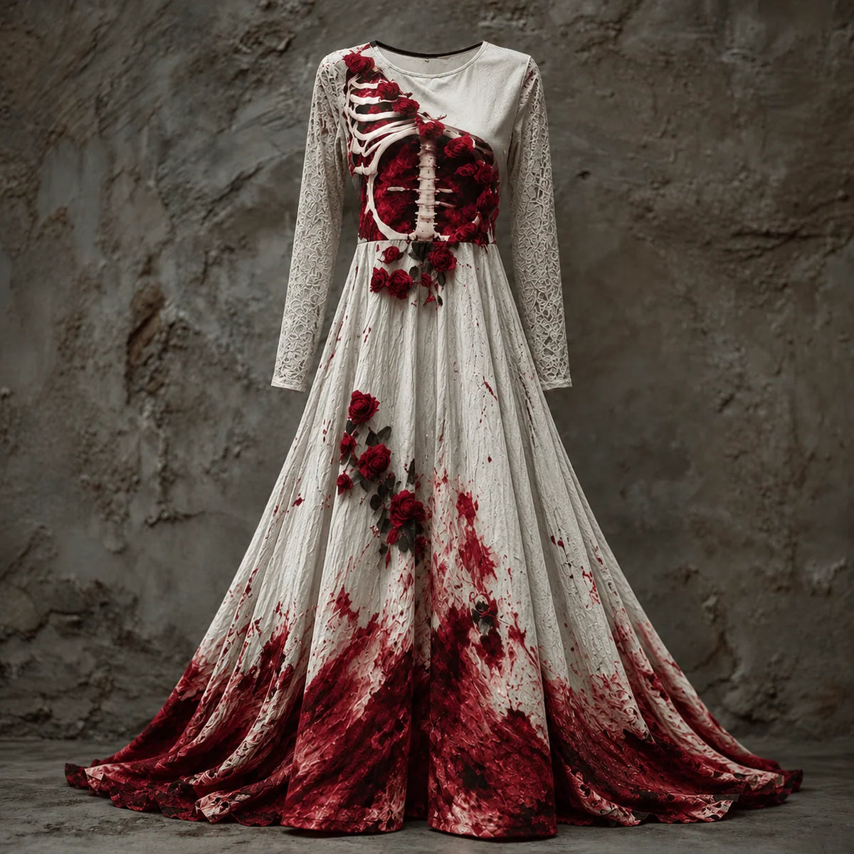 Halloween Gown Skeletal Bodice Long Sleeve Maxi Dress