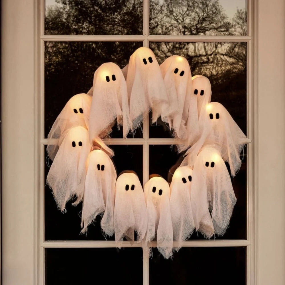 Halloween Wreath 12 LED Ghost Lights Battery-Powered Gauze Accents