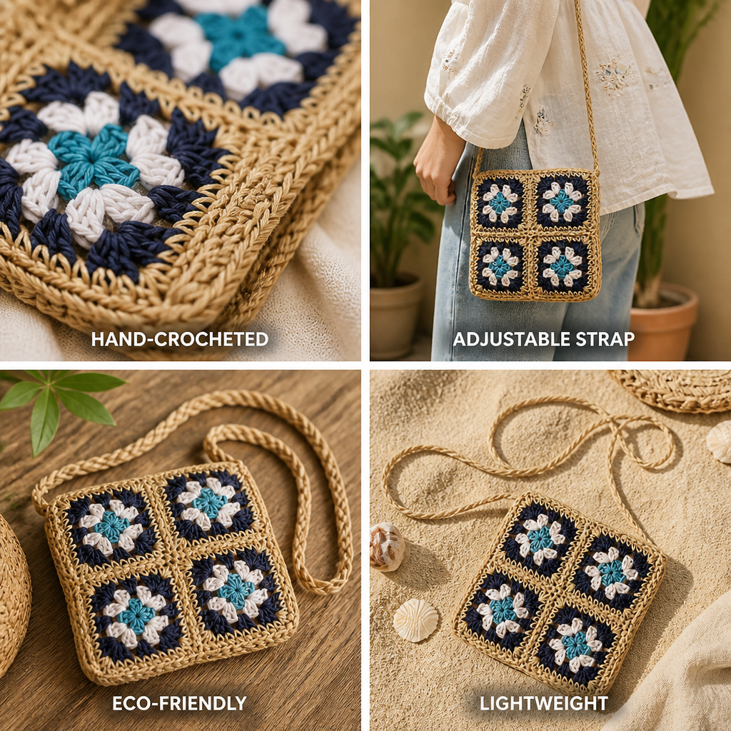 Hand-Crocheted Floral & Eco-Friendly Shoulder Bag (Adjustable Braided Strap)