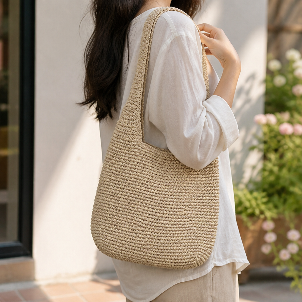 Hand-Crocheted Natural Fiber Tote Bag