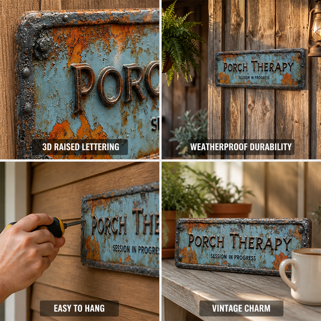 Hand-Distressed Raised 3D Metal Porch Sign (Ready-to-Hang)