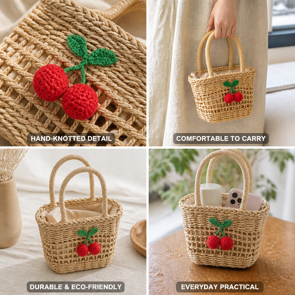 Hand-Knotted Cherry Applique Basket Bag (Soft Lined)