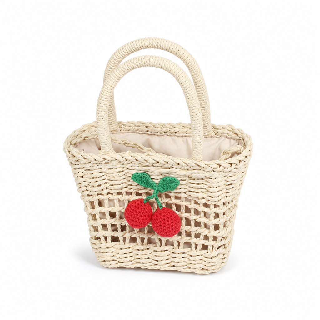 Hand-Knotted Cherry Applique Basket Bag (Soft Lined)