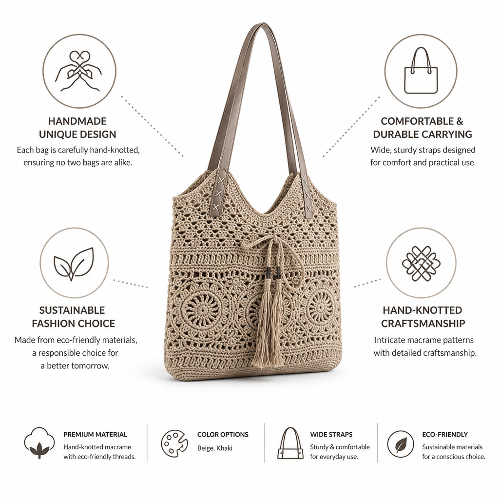 Hand-Knotted Macrame Tote Bag (Wide Straps)