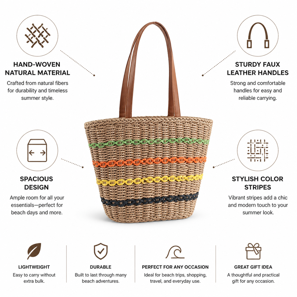 Hand-Woven Natural Beach Bag With Faux Leather Handles