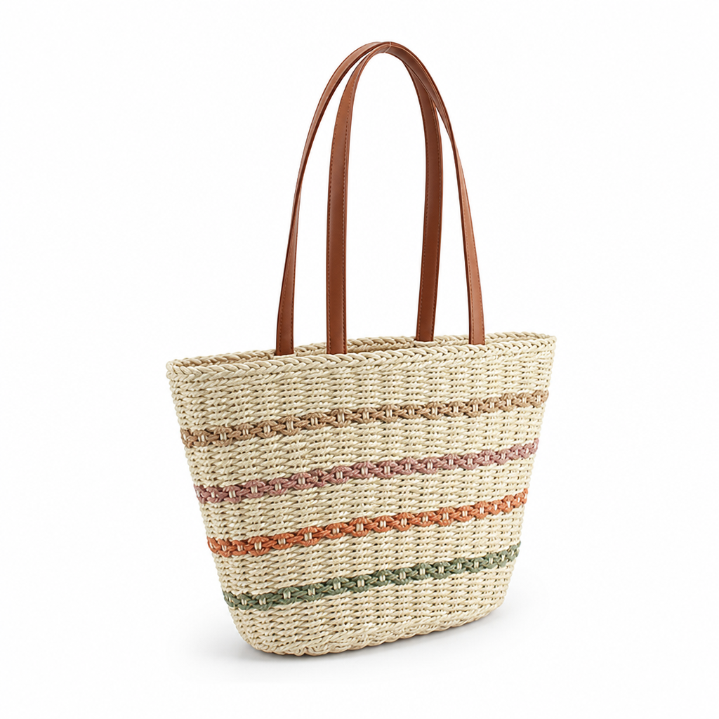 Hand-Woven Natural Beach Bag With Faux Leather Handles