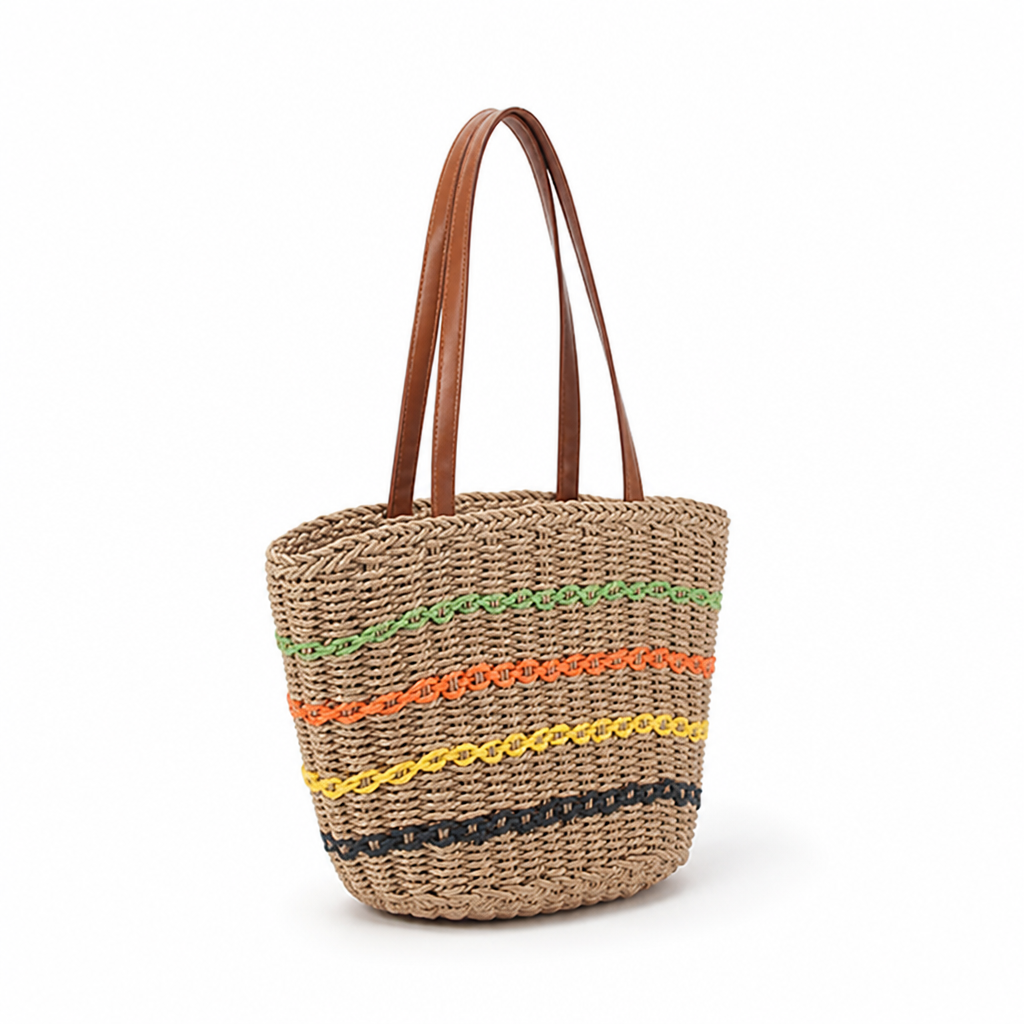 Hand-Woven Natural Beach Bag With Faux Leather Handles