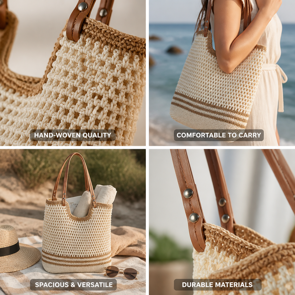 Hand-Woven Raffia Beach Tote With Soft Leather Handles