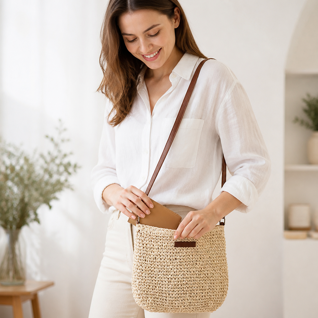 Hand-Woven Rattan Crossbody Bag (Adjustable Leather Strap)
