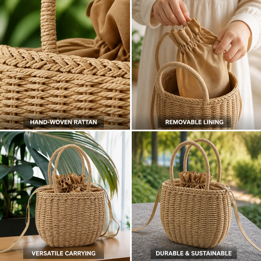 Hand-Woven Rattan Handbag (Removable Lining & Shoulder Strap)