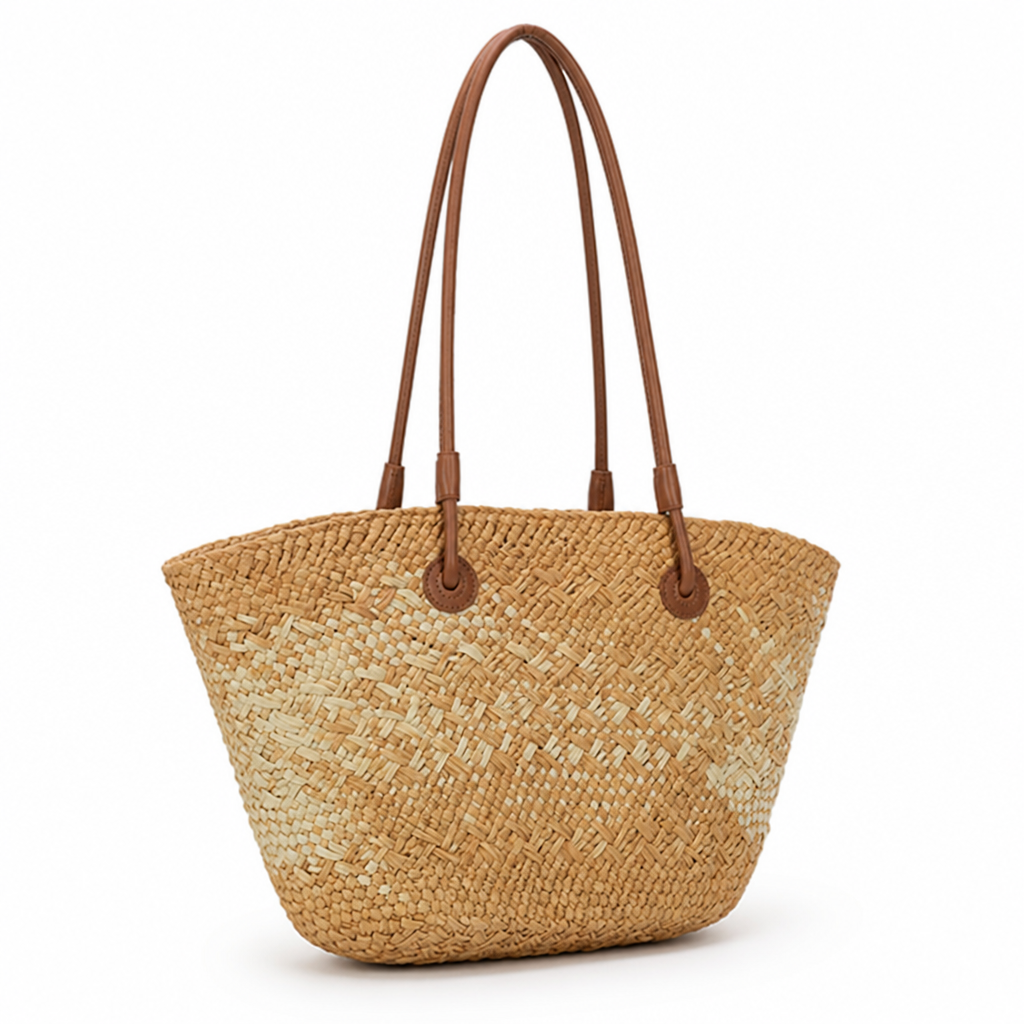 Hand-Woven Rattan & Leather-Handled Handbag