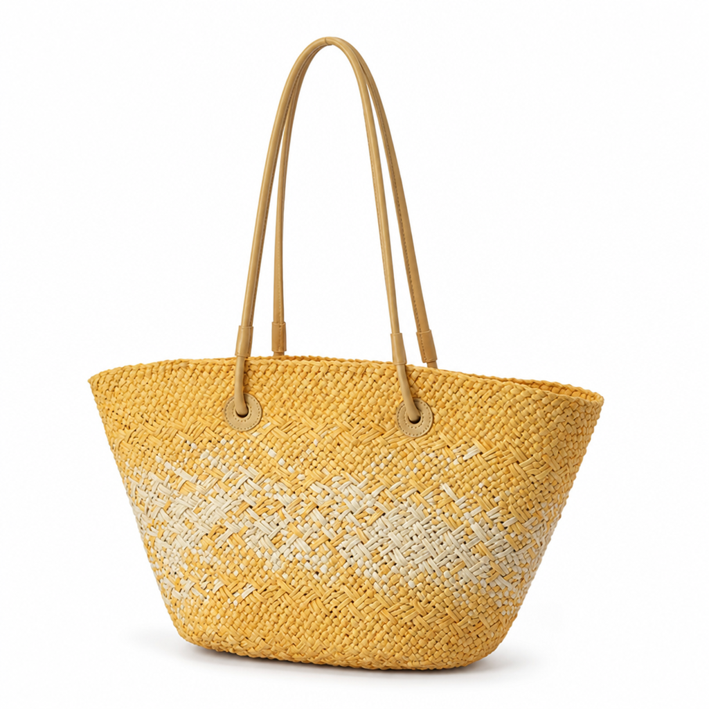 Hand-Woven Rattan & Leather-Handled Handbag