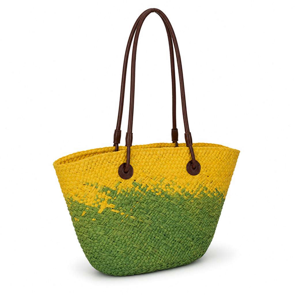 Hand-Woven Rattan & Leather-Handled Handbag