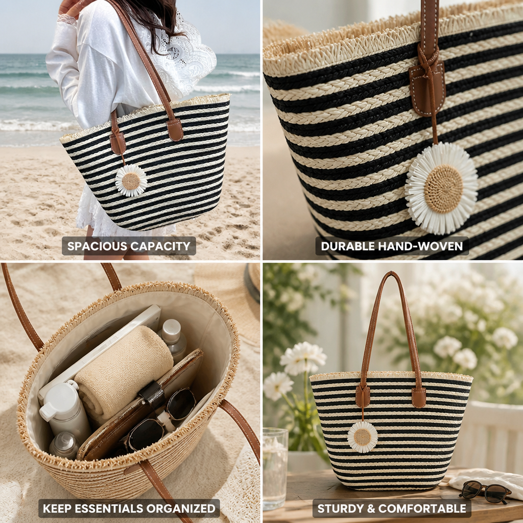 Hand-Woven Spacious Beach Tote (With Outer Pocket)