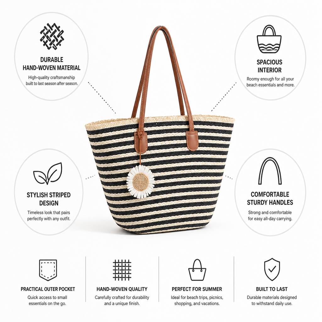 Hand-Woven Spacious Beach Tote (With Outer Pocket)