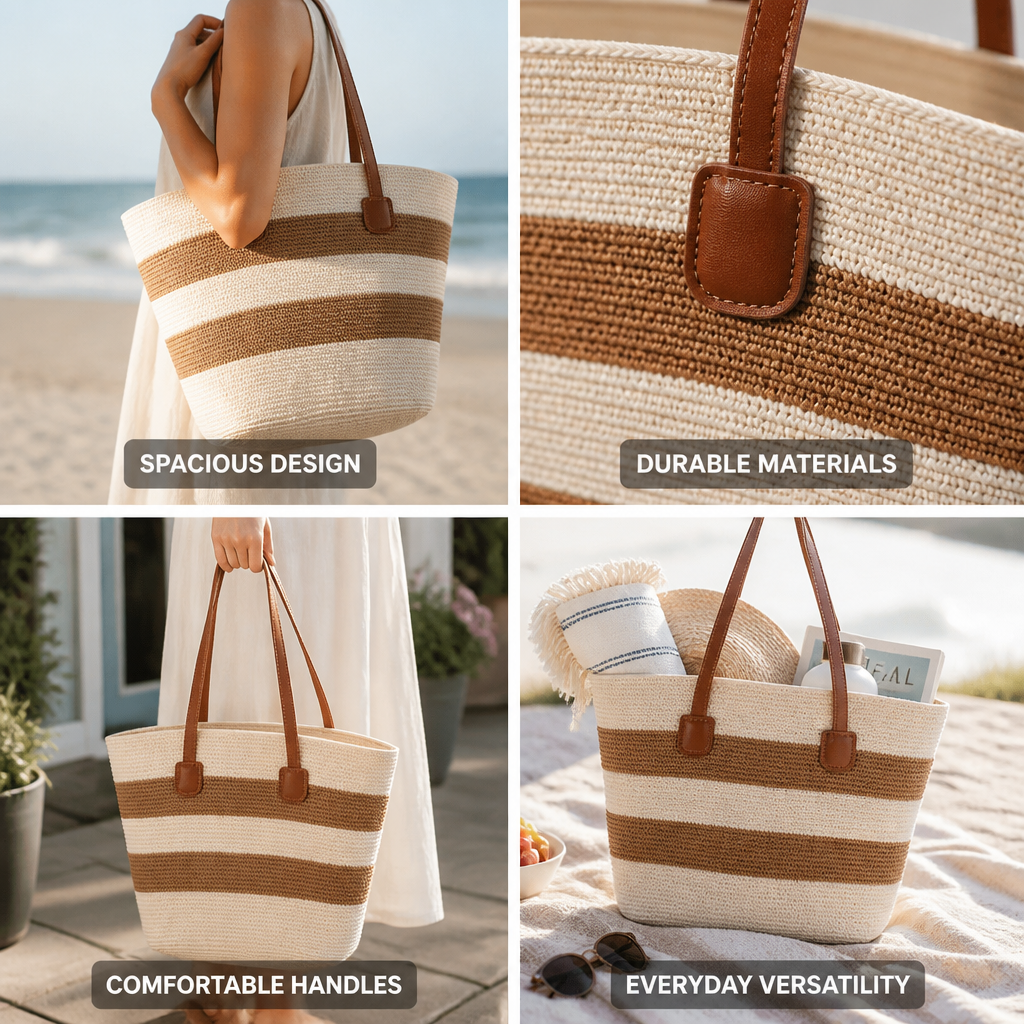 Hand-Woven Straw & Faux Leather Trim Beach Bag (Striped)