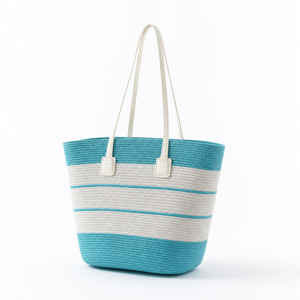 Hand-Woven Straw & Faux Leather Trim Beach Bag (Striped)