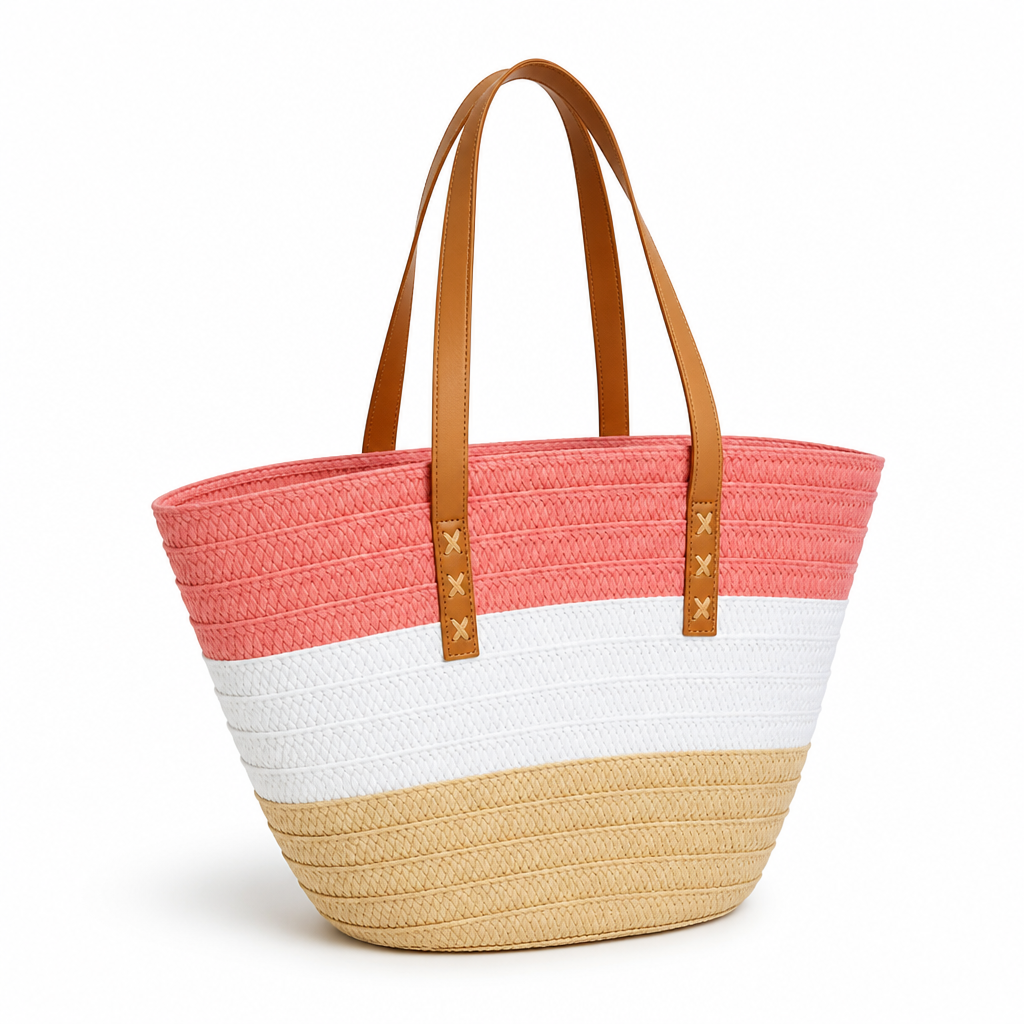 Hand-Woven Straw Tote Bag With Faux Leather Handles