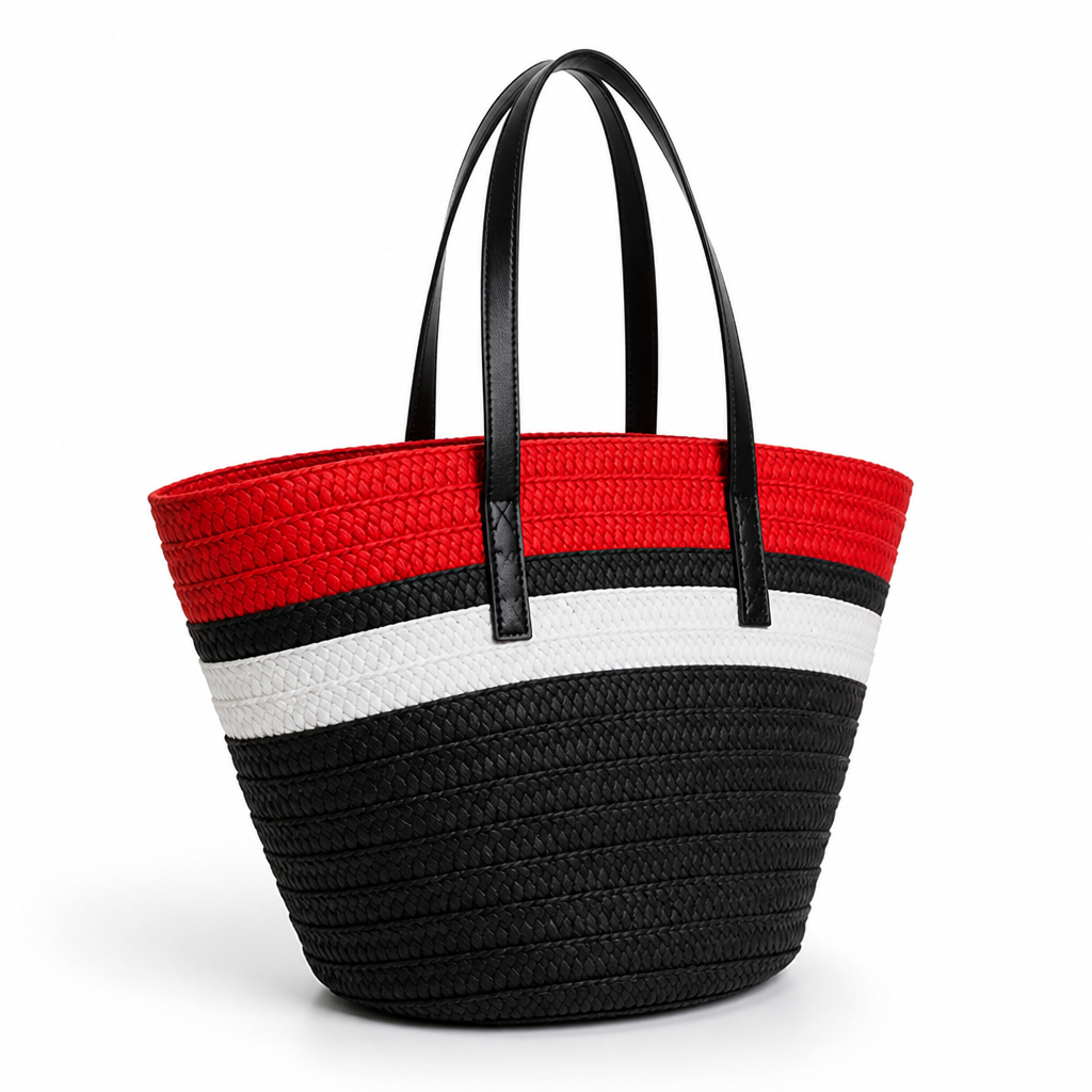 Hand-Woven Straw Tote Bag With Faux Leather Handles